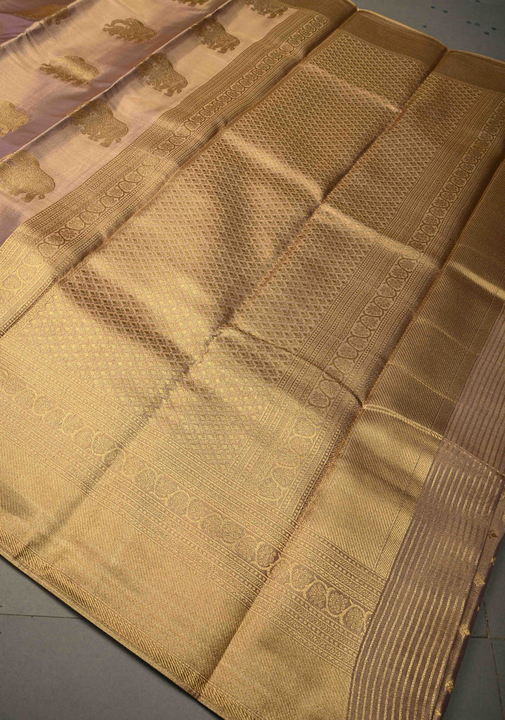 Dusty Lilac-Gold Kanchi Tissue Semi Silk Saree with Elephant Zari Buttas and Zari Border | SHOBITAM