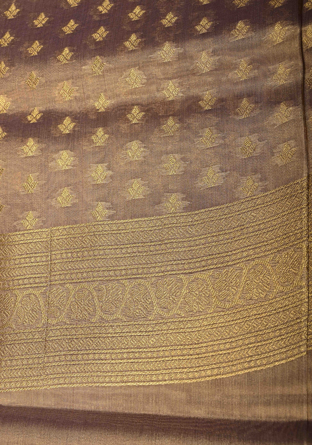 Dusty Lilac-Gold Kanchi Tissue Semi Silk Saree with Elephant Zari Buttas and Zari Border | SHOBITAM