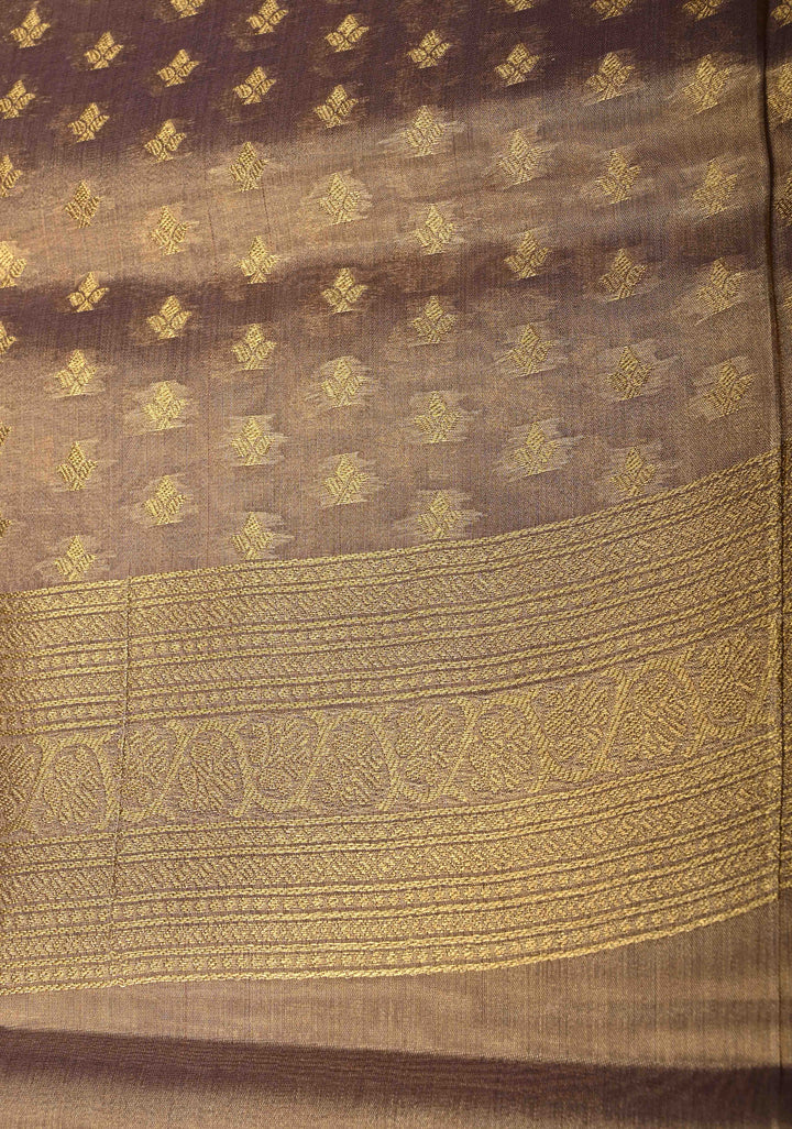 Dusty Lilac-Gold Kanchi Tissue Semi Silk Saree with Elephant Zari Buttas and Zari Border | SHOBITAM