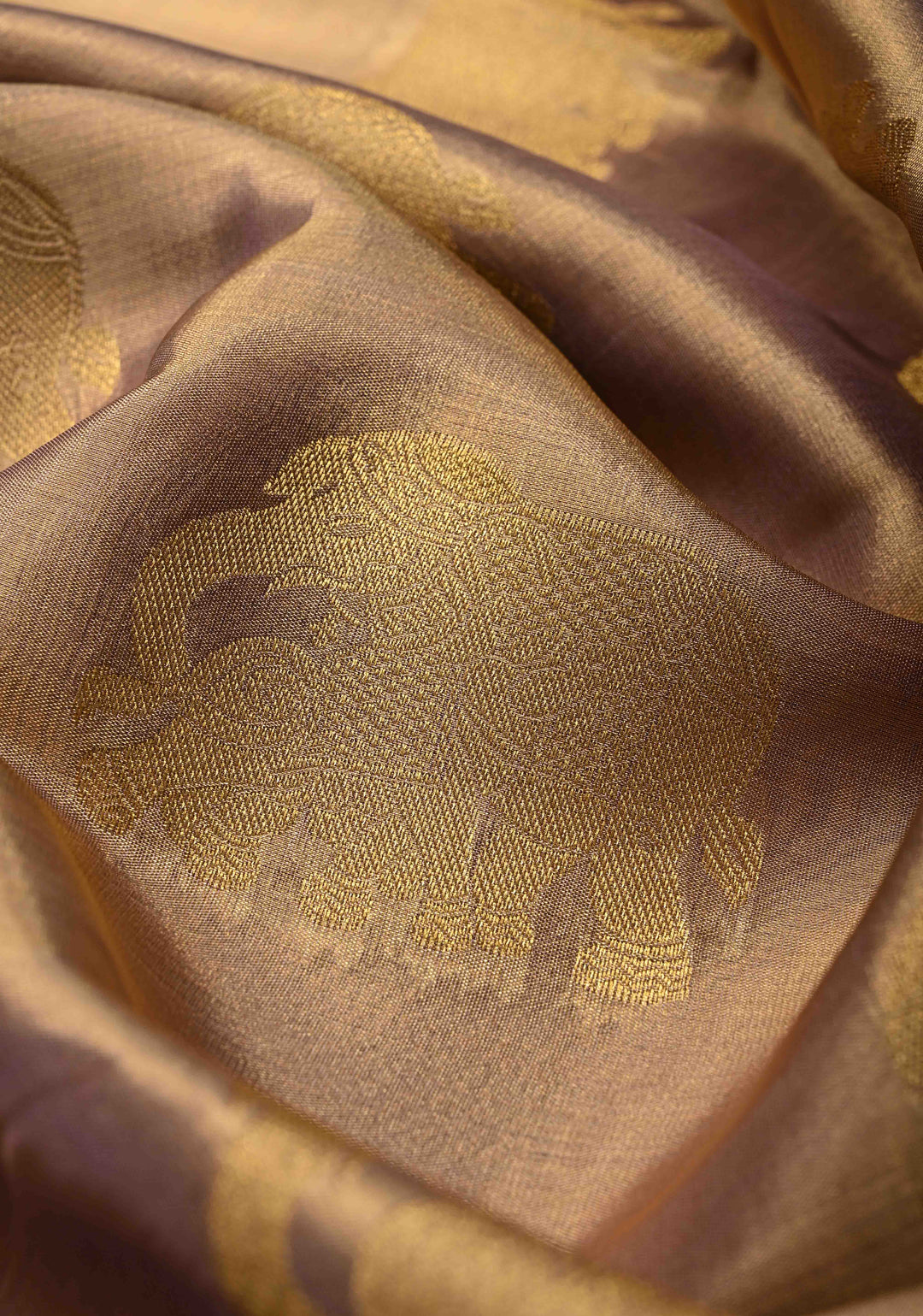 Dusty Lilac-Gold Kanchi Tissue Semi Silk Saree with Elephant Zari Buttas and Zari Border | SHOBITAM