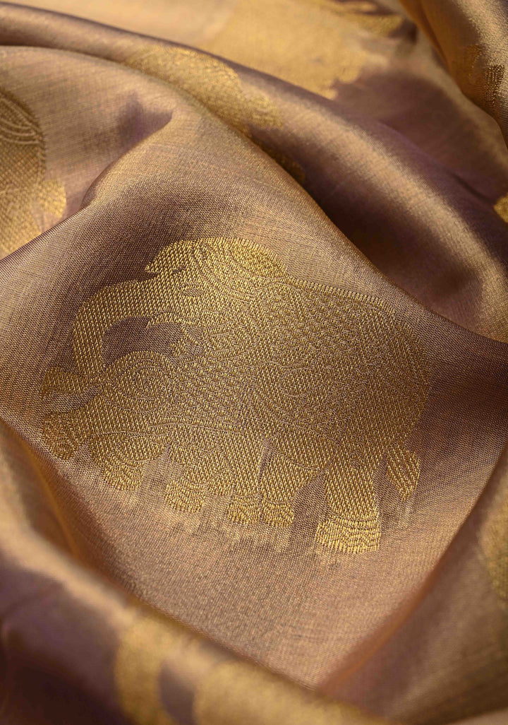 Dusty Lilac-Gold Kanchi Tissue Semi Silk Saree with Elephant Zari Buttas and Zari Border | SHOBITAM