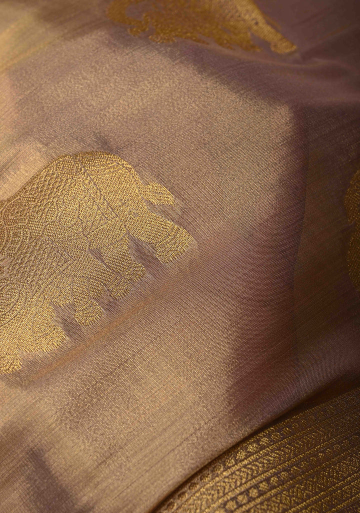 Dusty Lilac-Gold Kanchi Tissue Semi Silk Saree with Elephant Zari Buttas and Zari Border | SHOBITAM