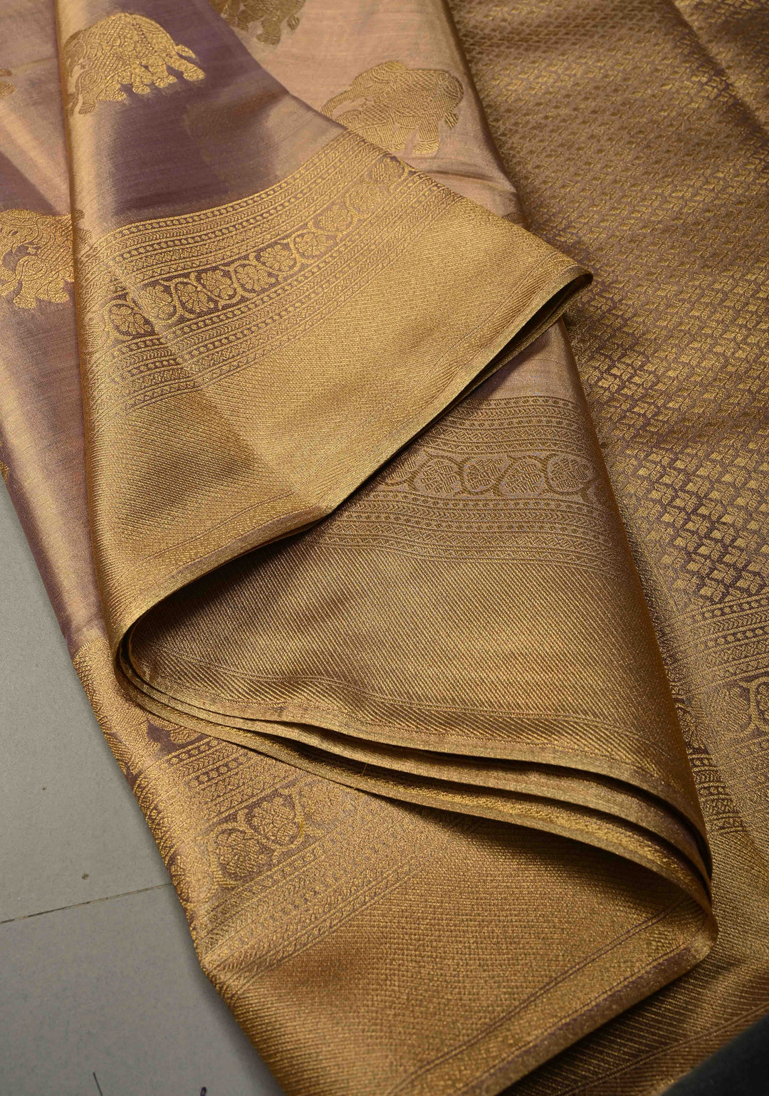 Dusty Lilac-Gold Kanchi Tissue Semi Silk Saree with Elephant Zari Buttas and Zari Border | SHOBITAM
