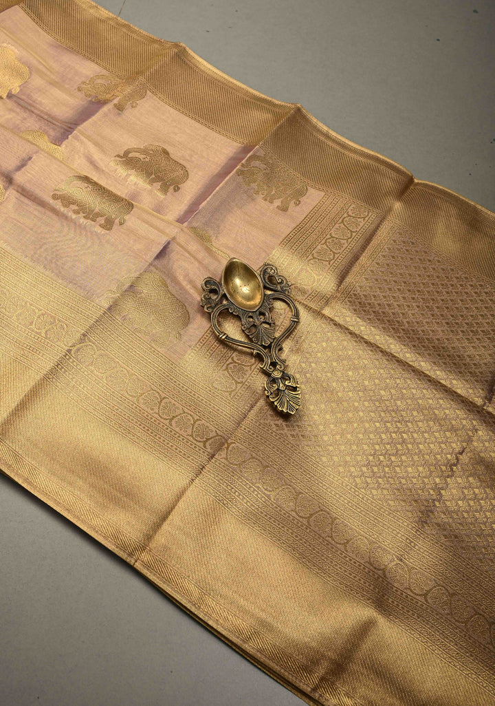 Dusty Lilac-Gold Kanchi Tissue Semi Silk Saree with Elephant Zari Buttas and Zari Border | SHOBITAM