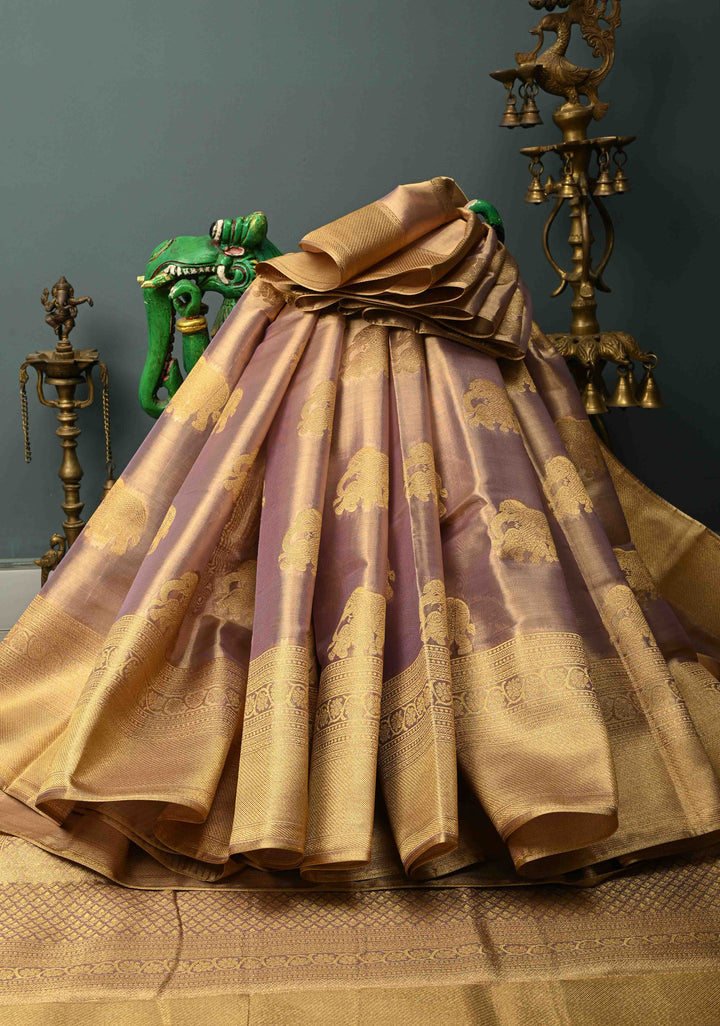 Dusty Lilac-Gold Kanchi Tissue Semi Silk Saree with Elephant Zari Buttas and Zari Border | SHOBITAM