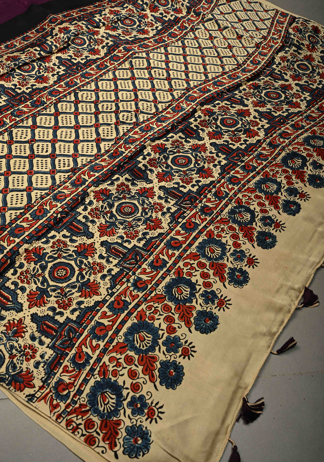 Dark Purple Modal Silk Saree with Ajrakh Hand-Block Print and Border