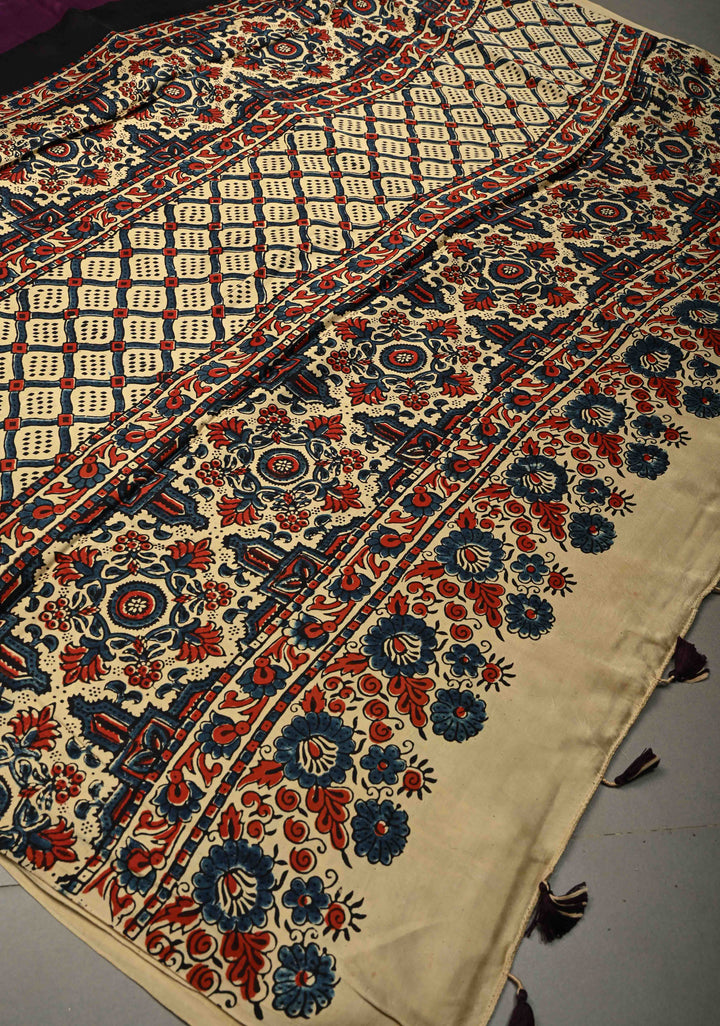 Dark Purple Modal Silk Saree with Ajrakh Hand-Block Print and Border