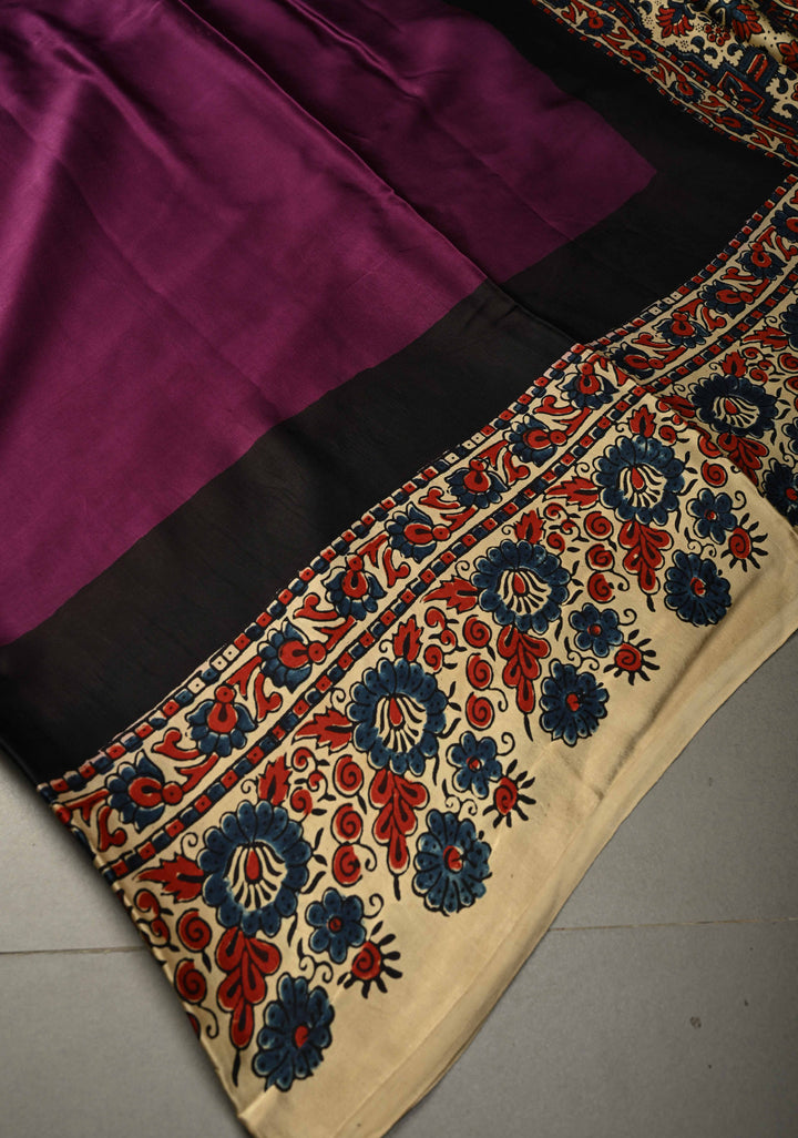 Dark Purple Modal Silk Saree with Ajrakh Hand-Block Print and Border