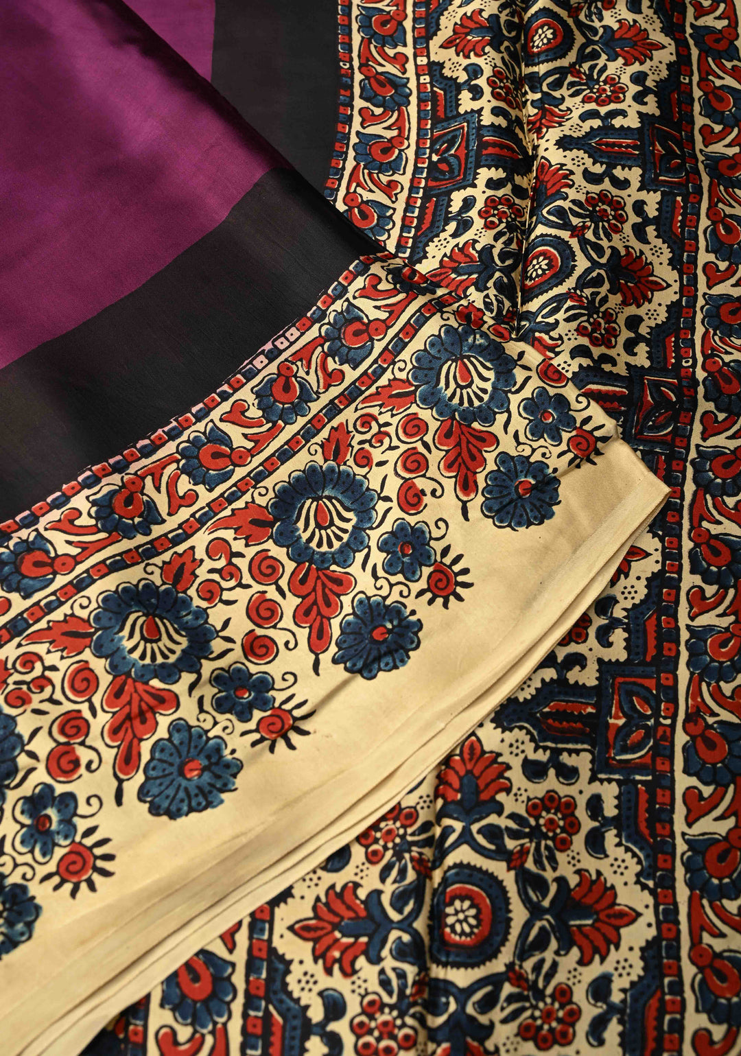 Dark Purple Modal Silk Saree with Ajrakh Hand-Block Print and Border