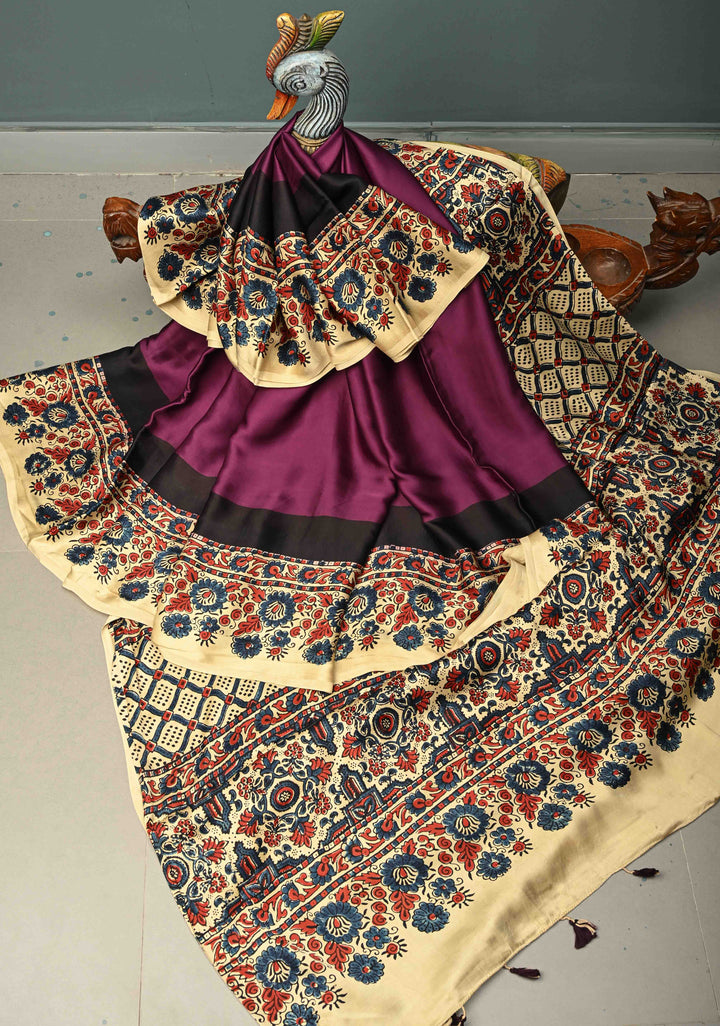 Dark Purple Modal Silk Saree with Ajrakh Hand-Block Print and Border