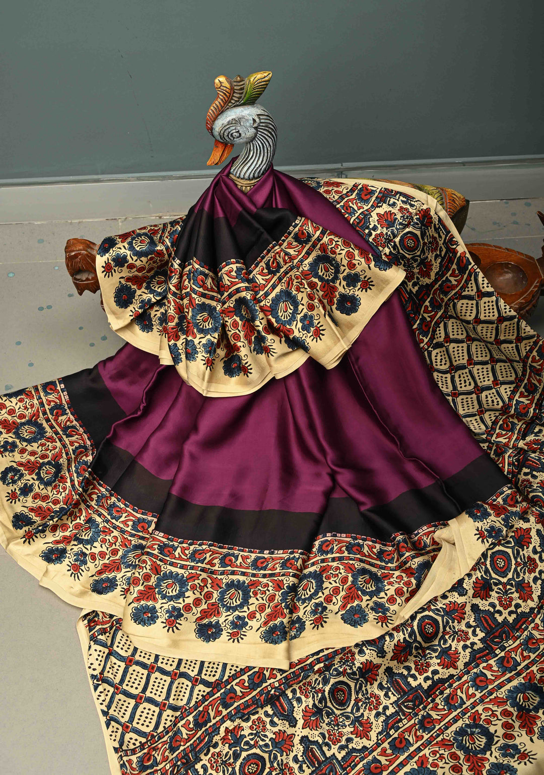 Dark Purple Modal Silk Saree with Ajrakh Hand-Block Print and Border