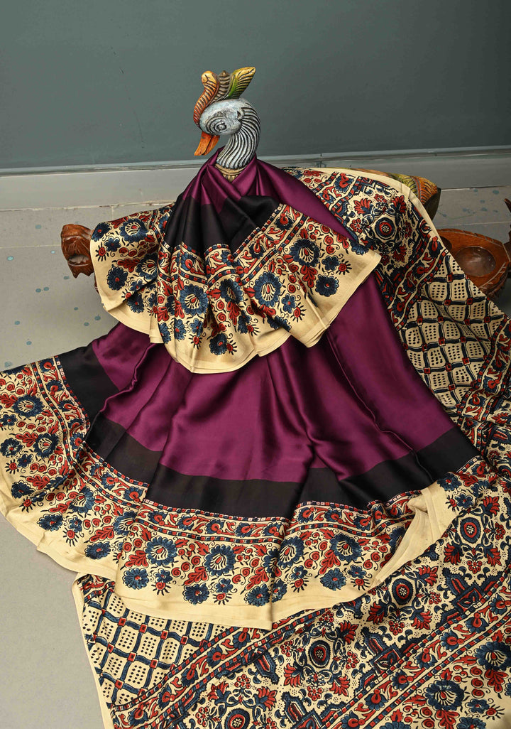 Dark Purple Modal Silk Saree with Ajrakh Hand-Block Print and Border