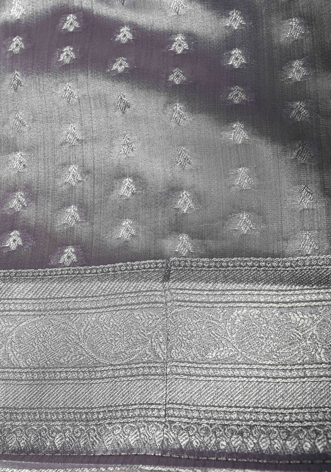 Dusty Amethyst-Silver Kanchi Tissue Semi Silk Saree with Parrot Zari Buttas and Zari Border | SHOBITAM