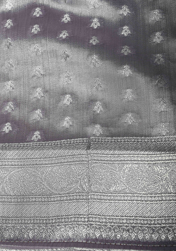 Dusty Amethyst-Silver Kanchi Tissue Semi Silk Saree with Parrot Zari Buttas and Zari Border | SHOBITAM