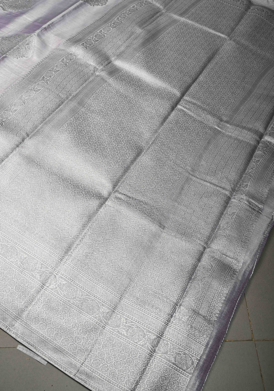 Dusty Amethyst-Silver Kanchi Tissue Semi Silk Saree with Parrot Zari Buttas and Zari Border | SHOBITAM