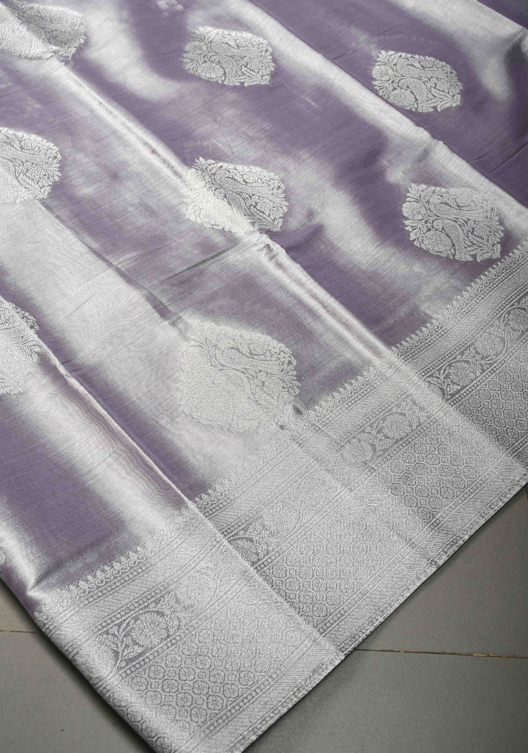 Dusty Amethyst-Silver Kanchi Tissue Semi Silk Saree with Parrot Zari Buttas and Zari Border | SHOBITAM