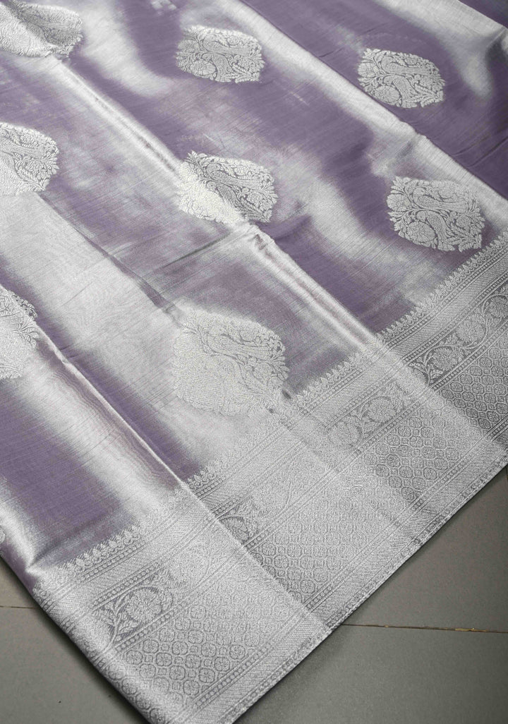Dusty Amethyst-Silver Kanchi Tissue Semi Silk Saree with Parrot Zari Buttas and Zari Border | SHOBITAM
