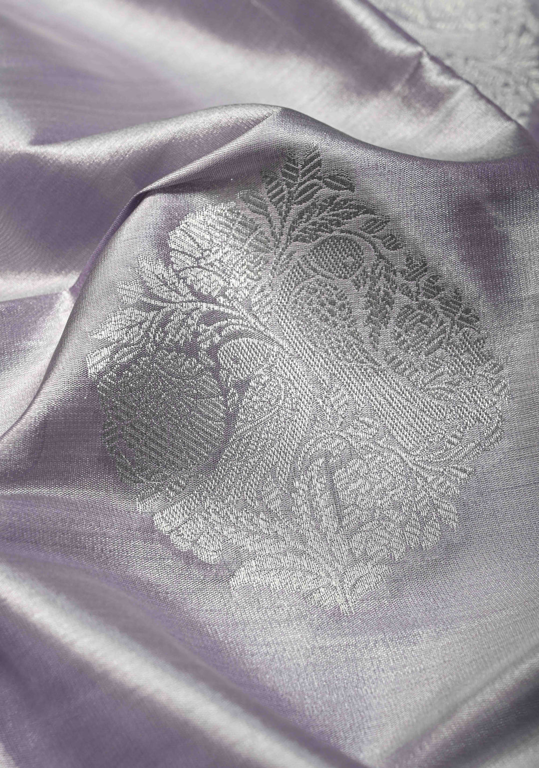Dusty Amethyst-Silver Kanchi Tissue Semi Silk Saree with Parrot Zari Buttas and Zari Border | SHOBITAM
