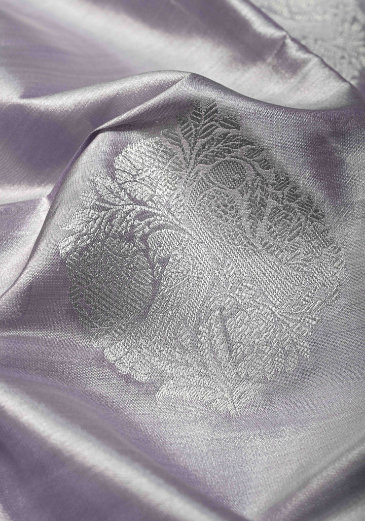 Dusty Amethyst-Silver Kanchi Tissue Semi Silk Saree with Parrot Zari Buttas and Zari Border | SHOBITAM