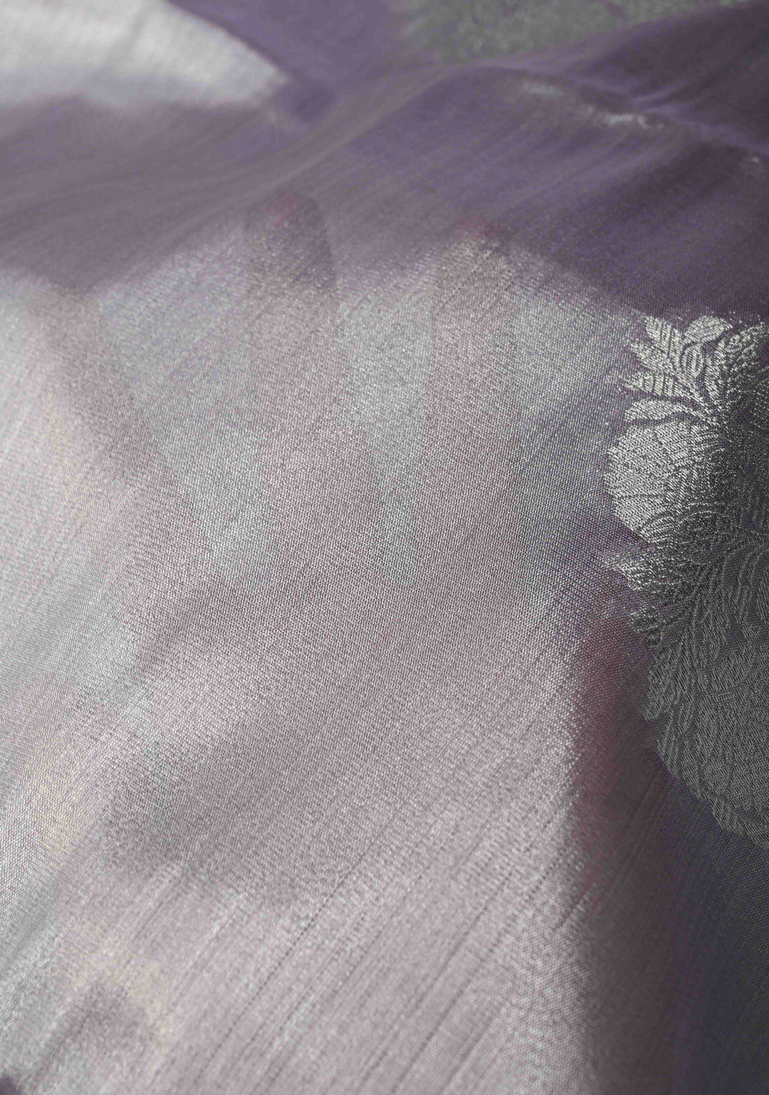 Dusty Amethyst-Silver Kanchi Tissue Semi Silk Saree with Parrot Zari Buttas and Zari Border | SHOBITAM