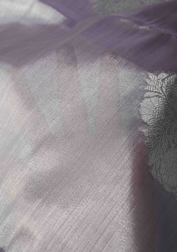Dusty Amethyst-Silver Kanchi Tissue Semi Silk Saree with Parrot Zari Buttas and Zari Border | SHOBITAM