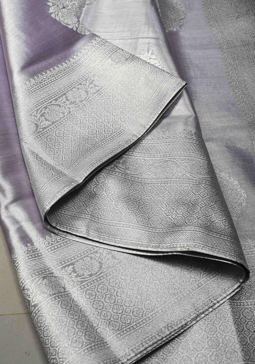 Dusty Amethyst-Silver Kanchi Tissue Semi Silk Saree with Parrot Zari Buttas and Zari Border | SHOBITAM