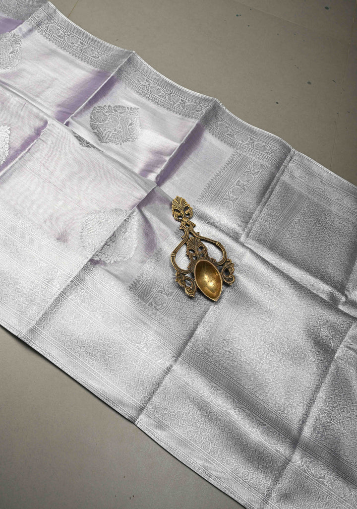 Dusty Amethyst-Silver Kanchi Tissue Semi Silk Saree with Parrot Zari Buttas and Zari Border | SHOBITAM