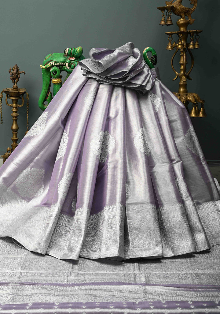 Dusty Amethyst-Silver Kanchi Tissue Semi Silk Saree with Parrot Zari Buttas and Zari Border | SHOBITAM