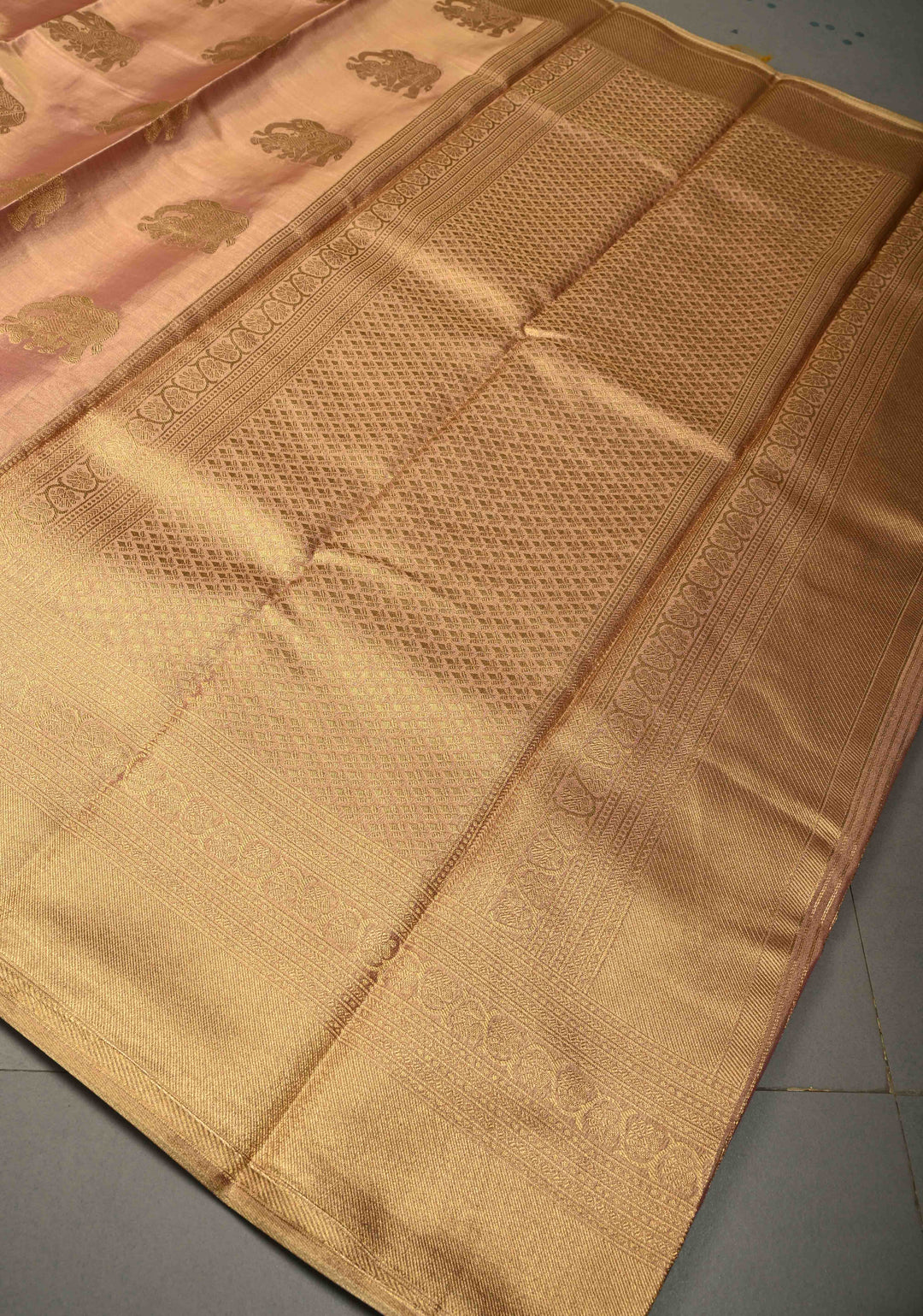 Dusty Pink-Gold Kanchi Tissue Semi Silk Saree with Elephant Zari Buttas and Zari Border | SHOBITAM