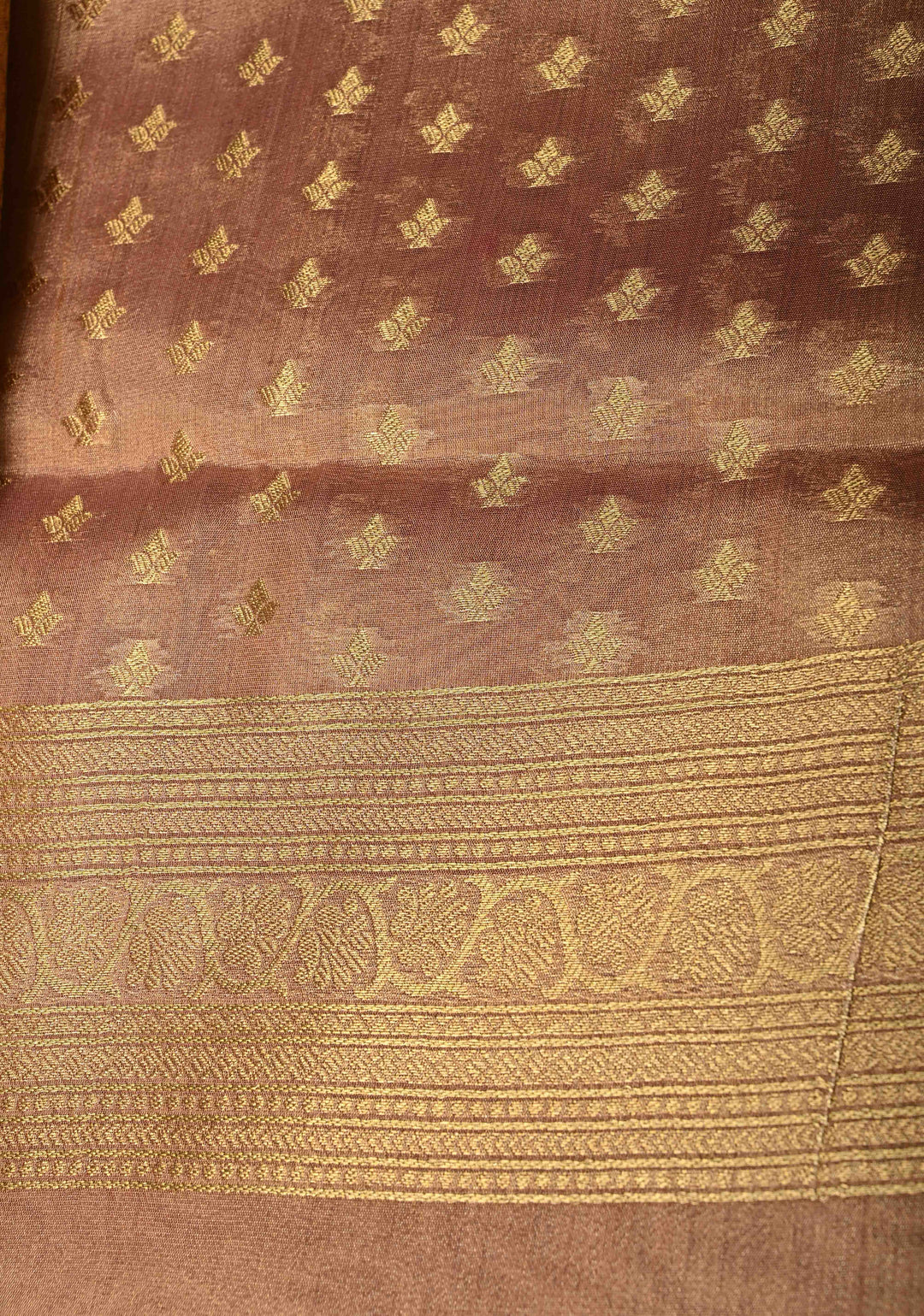 Dusty Pink-Gold Kanchi Tissue Semi Silk Saree with Elephant Zari Buttas and Zari Border | SHOBITAM