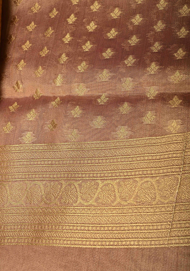 Dusty Pink-Gold Kanchi Tissue Semi Silk Saree with Elephant Zari Buttas and Zari Border | SHOBITAM