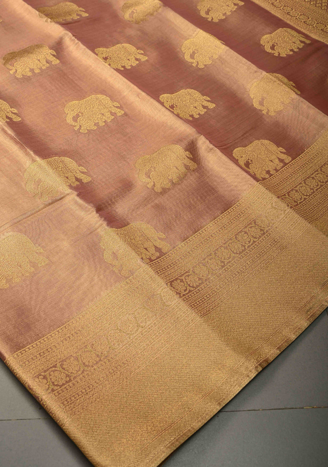 Dusty Pink-Gold Kanchi Tissue Semi Silk Saree with Elephant Zari Buttas and Zari Border | SHOBITAM