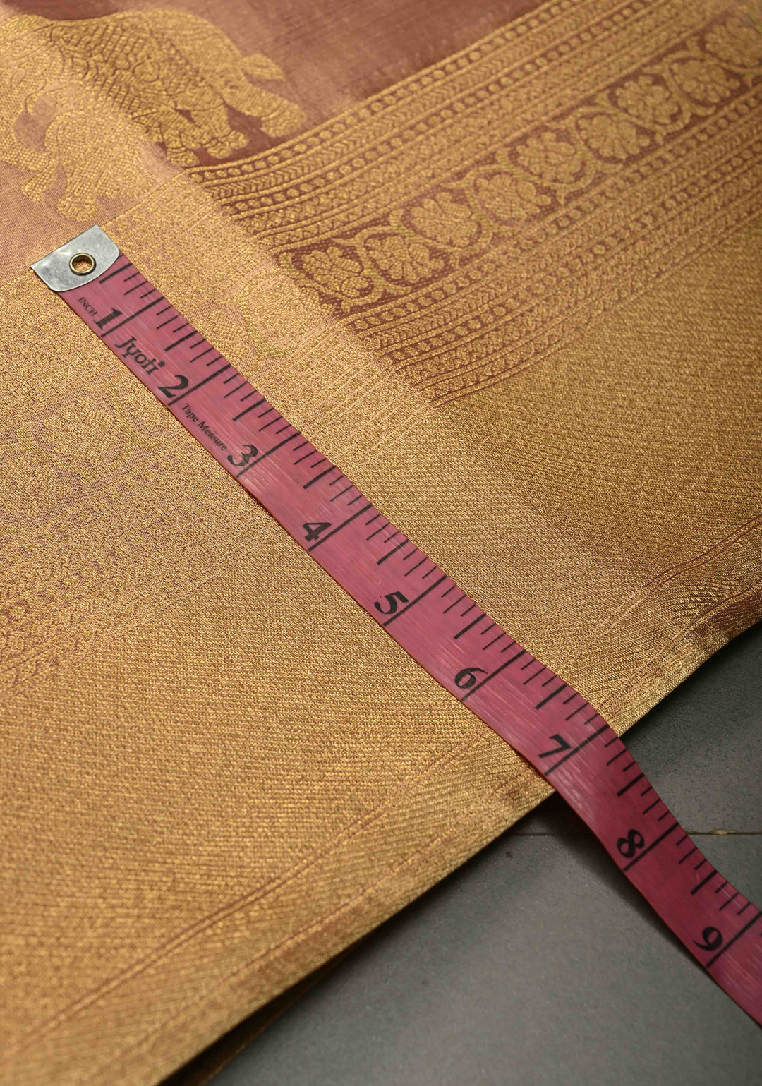Dusty Pink-Gold Kanchi Tissue Semi Silk Saree with Elephant Zari Buttas and Zari Border | SHOBITAM