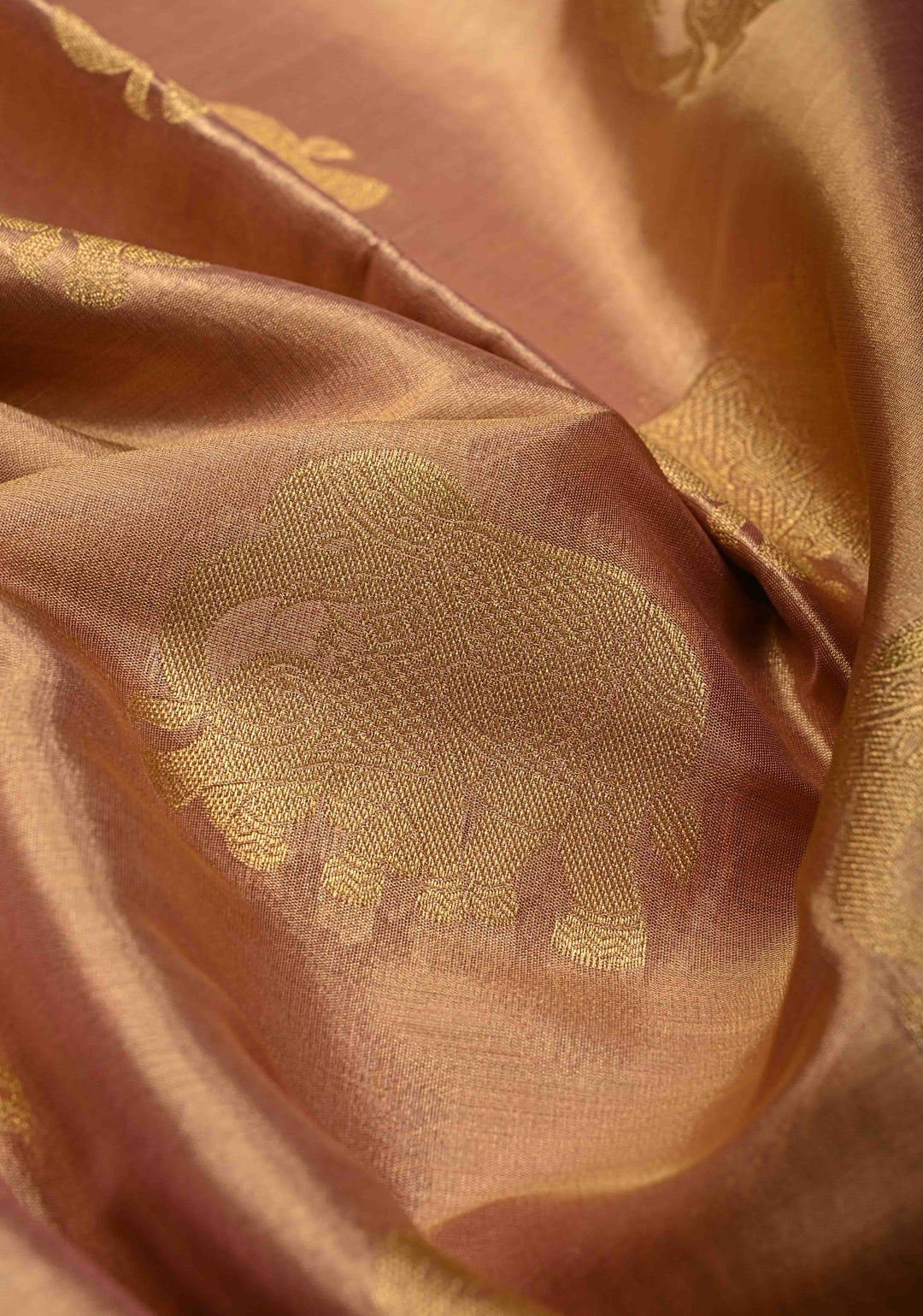 Dusty Pink-Gold Kanchi Tissue Semi Silk Saree with Elephant Zari Buttas and Zari Border | SHOBITAM