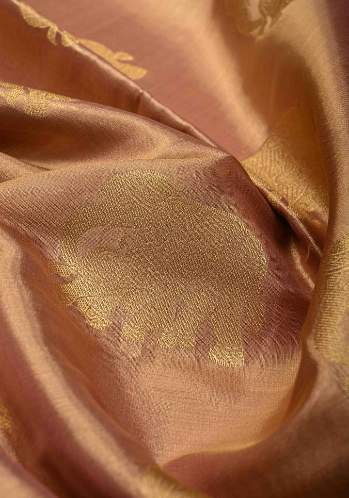 Dusty Pink-Gold Kanchi Tissue Semi Silk Saree with Elephant Zari Buttas and Zari Border | SHOBITAM