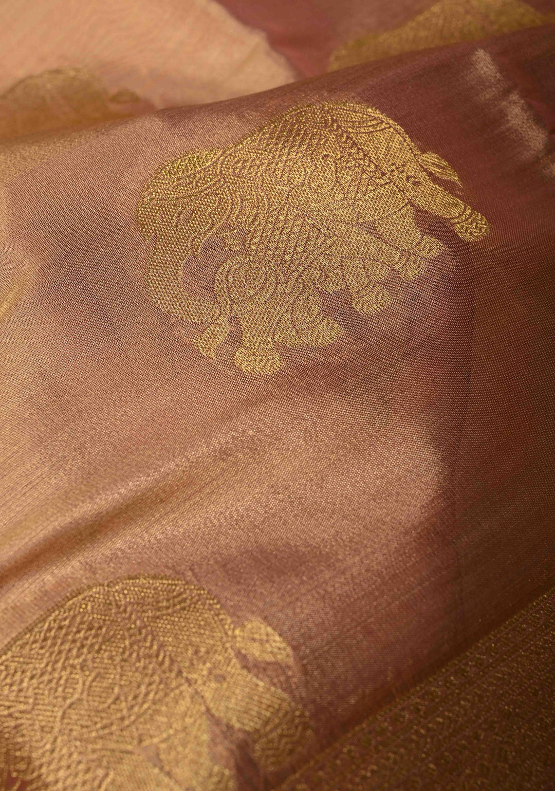 Dusty Pink-Gold Kanchi Tissue Semi Silk Saree with Elephant Zari Buttas and Zari Border | SHOBITAM