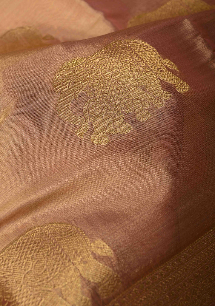Dusty Pink-Gold Kanchi Tissue Semi Silk Saree with Elephant Zari Buttas and Zari Border | SHOBITAM