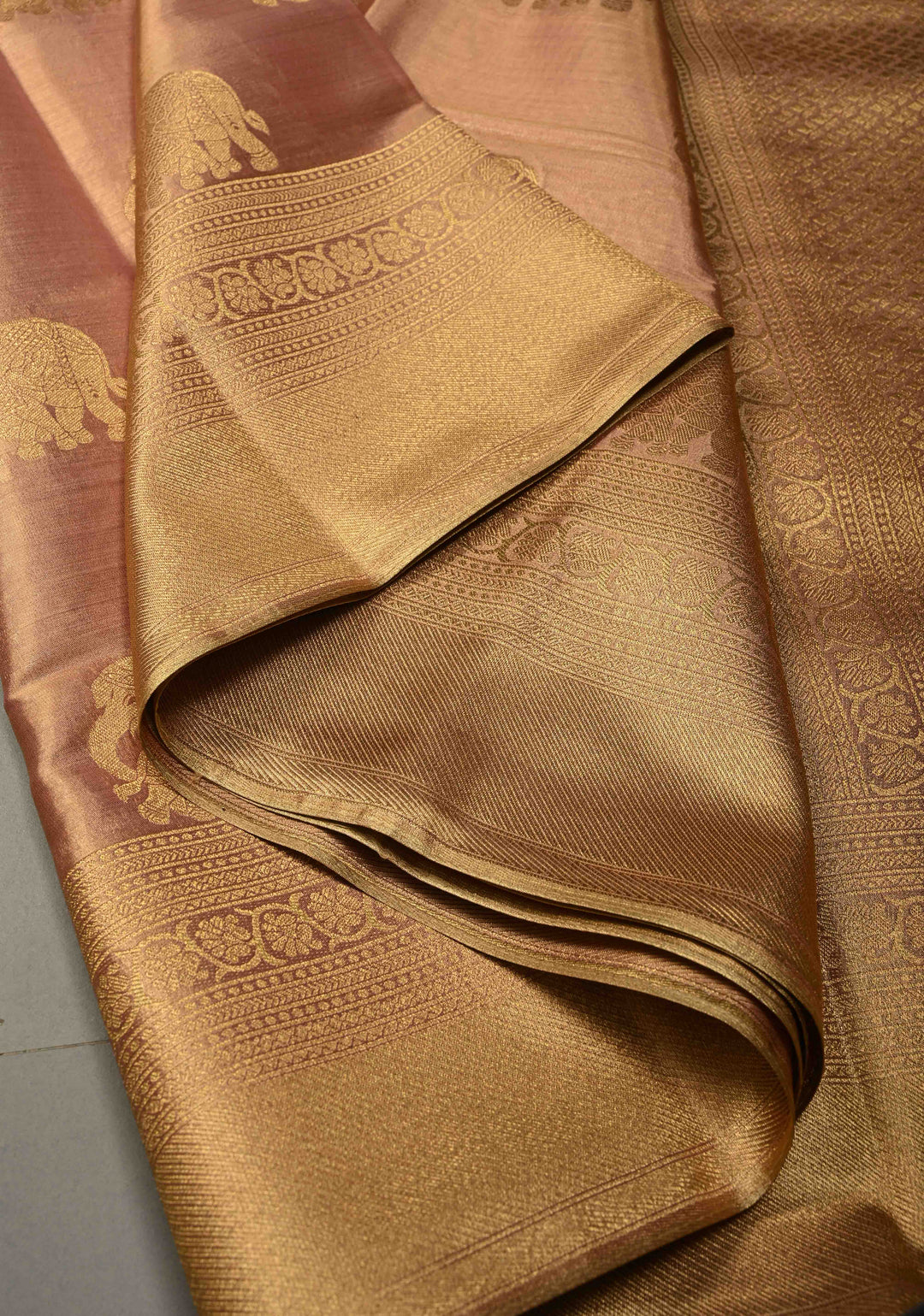 Dusty Pink-Gold Kanchi Tissue Semi Silk Saree with Elephant Zari Buttas and Zari Border | SHOBITAM