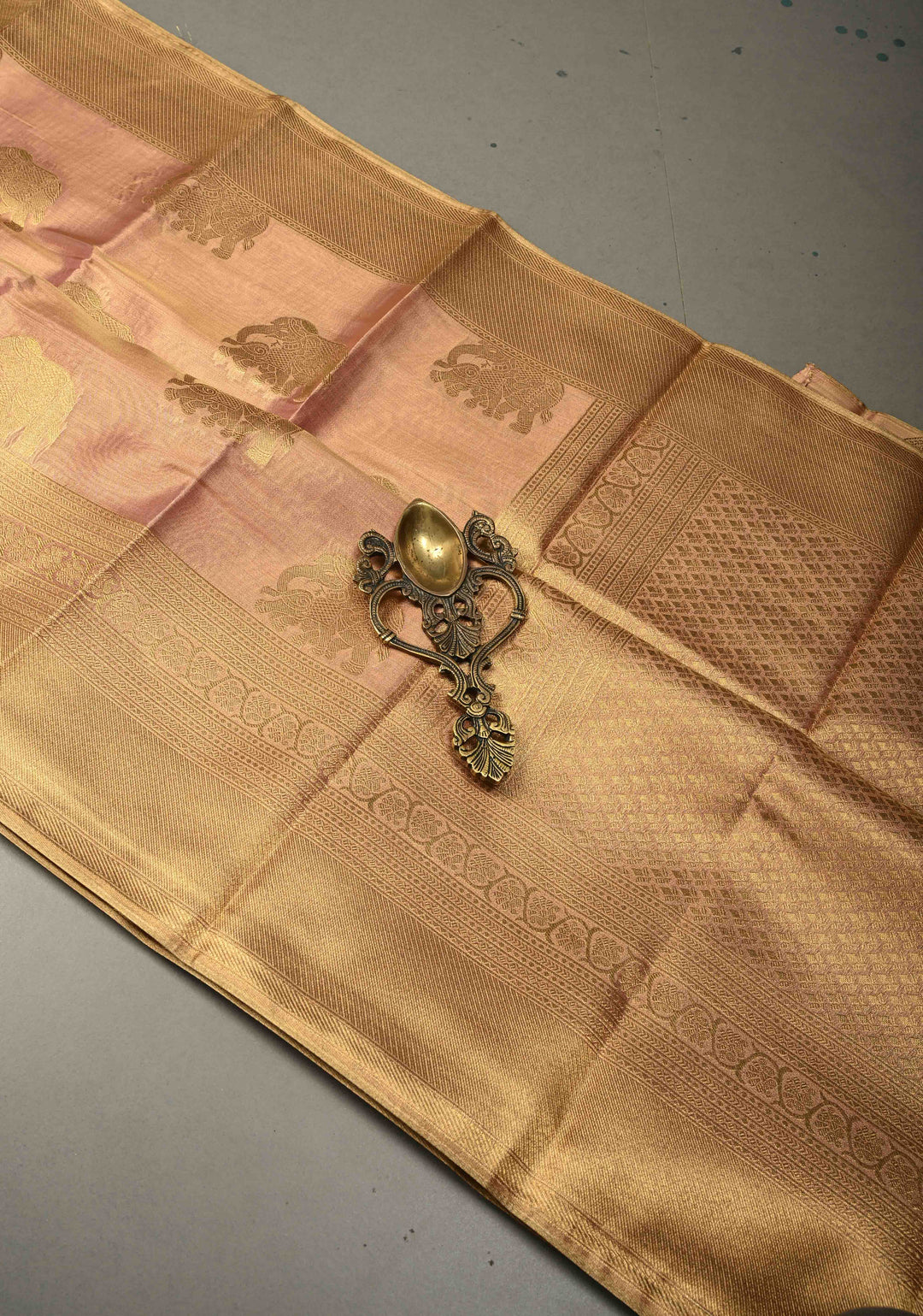 Dusty Pink-Gold Kanchi Tissue Semi Silk Saree with Elephant Zari Buttas and Zari Border | SHOBITAM