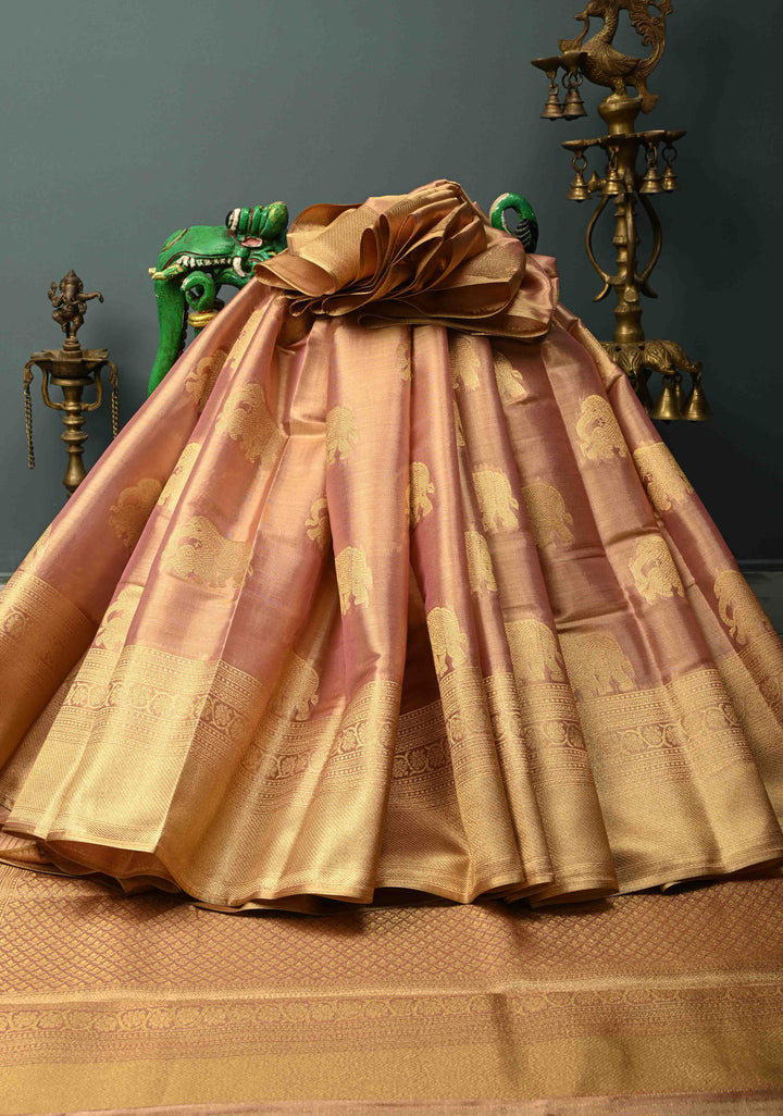 Dusty Pink-Gold Kanchi Tissue Semi Silk Saree with Elephant Zari Buttas and Zari Border | SHOBITAM