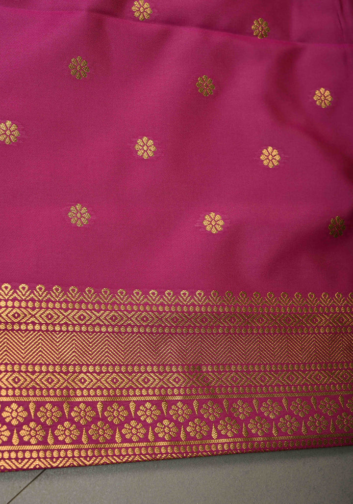 Green-Pink Dual tone Kanchi Semi Silk Saree with Zari Buttas and Contrast Zari Border | SHOBITAM