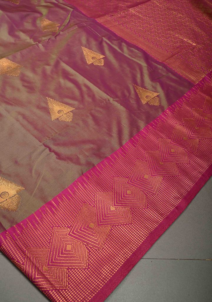 Green-Pink Dual tone Kanchi Semi Silk Saree with Zari Buttas and Contrast Zari Border | SHOBITAM