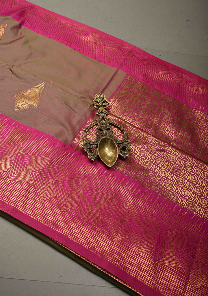 Green-Pink Dual tone Kanchi Semi Silk Saree with Zari Buttas and Contrast Zari Border | SHOBITAM