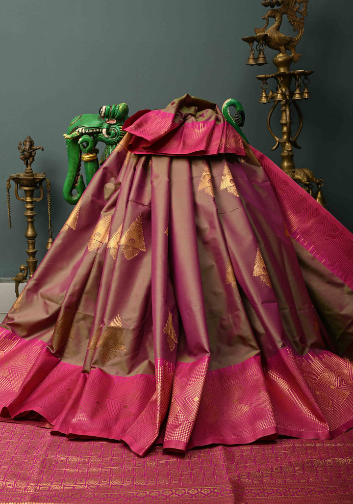 Green-Pink Dual tone Kanchi Semi Silk Saree with Zari Buttas and Contrast Zari Border | SHOBITAM