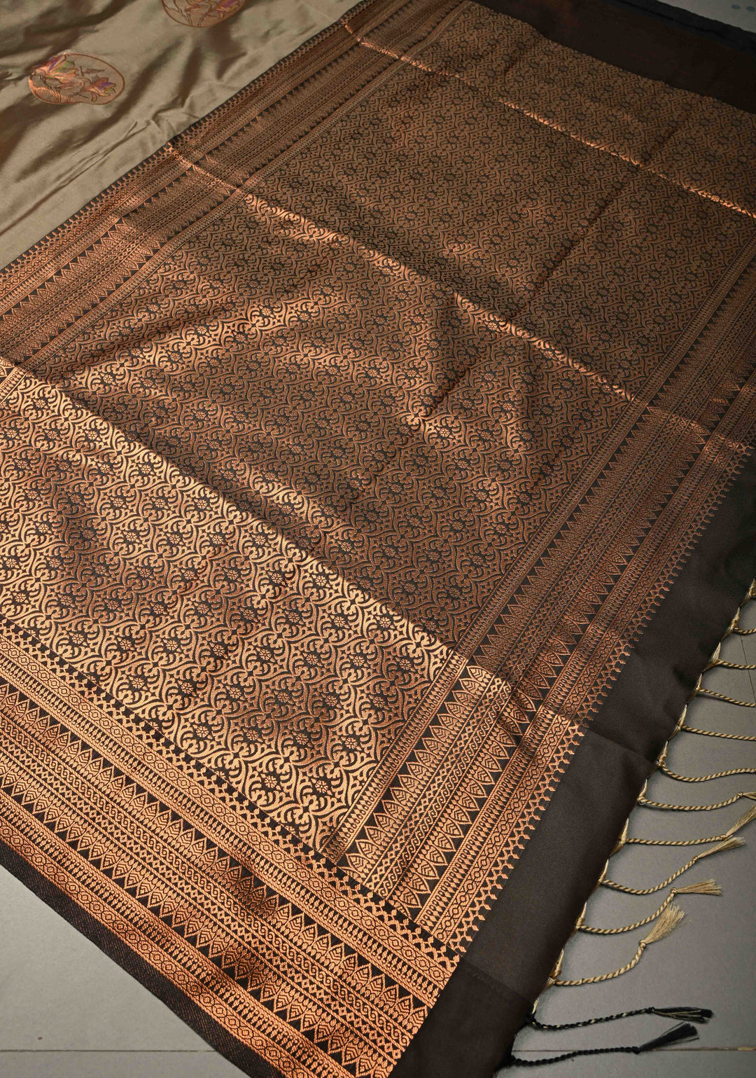 Dark Grayish Brown Kanchi Semi Silk Saree with Meenakari  Mandala Buttas and Contrast Antique Zari Border | SHOBITAM
