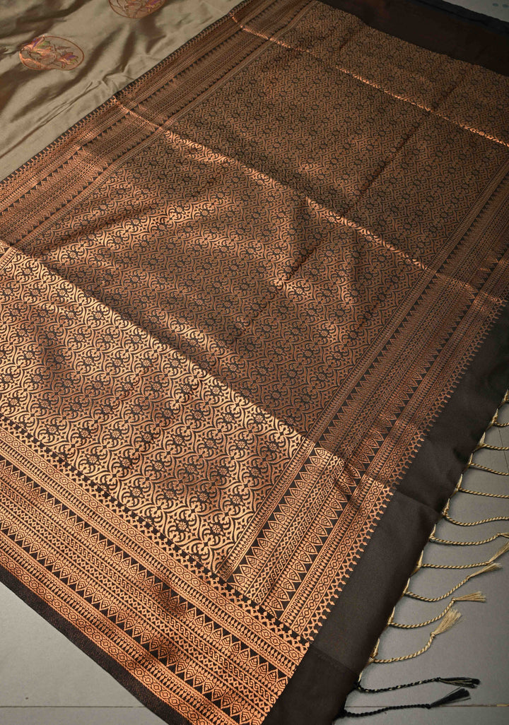 Dark Grayish Brown Kanchi Semi Silk Saree with Meenakari  Mandala Buttas and Contrast Antique Zari Border | SHOBITAM