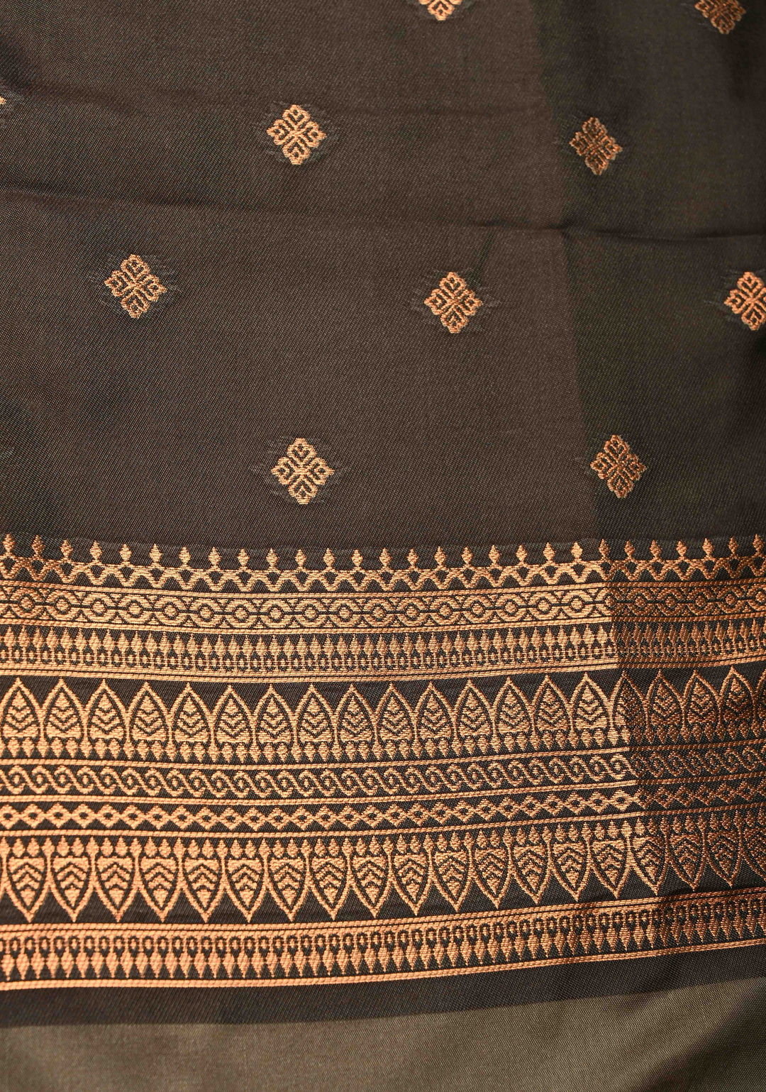 Dark Grayish Brown Kanchi Semi Silk Saree with Meenakari  Mandala Buttas and Contrast Antique Zari Border | SHOBITAM