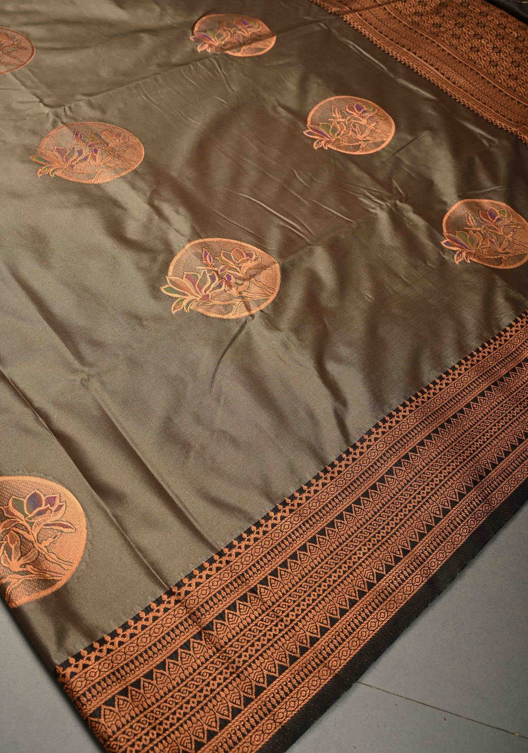 Dark Grayish Brown Kanchi Semi Silk Saree with Meenakari  Mandala Buttas and Contrast Antique Zari Border | SHOBITAM