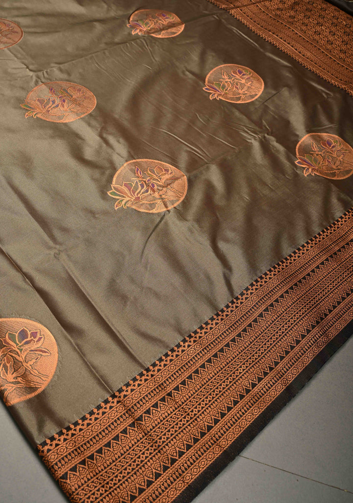 Dark Grayish Brown Kanchi Semi Silk Saree with Meenakari  Mandala Buttas and Contrast Antique Zari Border | SHOBITAM