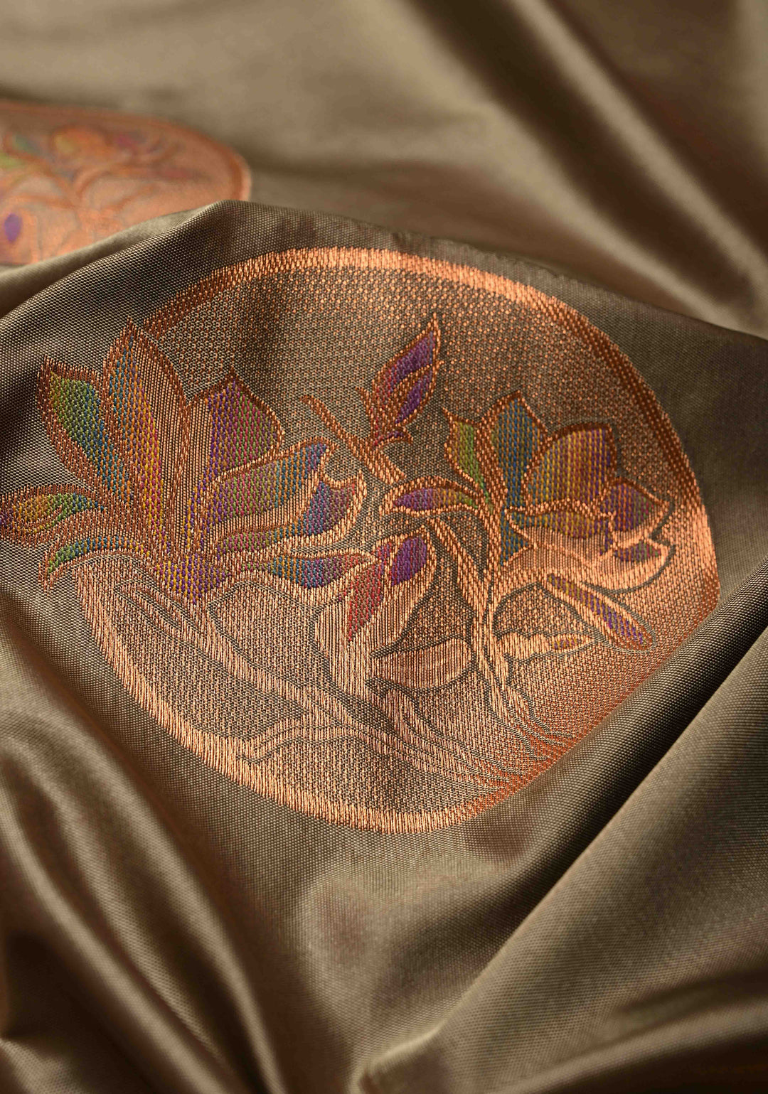 Dark Grayish Brown Kanchi Semi Silk Saree with Meenakari  Mandala Buttas and Contrast Antique Zari Border | SHOBITAM